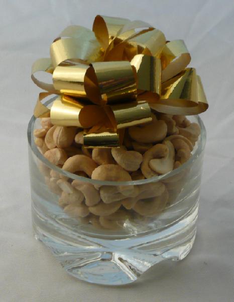 Crystal Nut Bowl | Whole Cashews - Beautiful heavy crystal bowl filled with large roasted and salted whole cashews.  Shrink wrapped with a large bow on top.