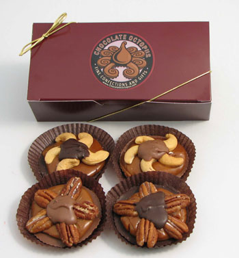 Assorted Octopus Snappers| 4 Piece Box - The original Chocolate Octopus and our version of the "Turtle."  This assortment contains four large pecan Snappers in milk, dark or white chocolate.  All Snappers are made with our very fresh caramel.  The four large Snappers are packed in a gift box with decorative cord.