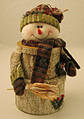 Stacking  Snowman | Two Confections - This beautiful keepsake stacking birch snowman is filled at the top with &#190;# of chocolate covered praline peanuts dusted with powdered sugar and the bottom is filled with 3/4# of chocolate mini pretzels covered with English toffee.