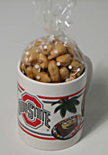 OSU Coffee Mug | Large Cashews - An Ohio State University coffee mug is filled with roasted and salted large whole cashews.  The cup and cashews are set in a gift bag (not shown) with a bow for a very nice presentation.