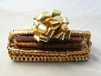 Pretzel Rod Gold Weave Basket - Dainty gold baskets filed with eight wrapped Caramel Chocolate Pretzel Rods.