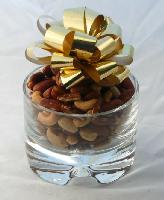 Crystal Nut Bowl | Mixed Nuts - Beautiful heavy crystal bowl filled with deluxe fancy (we use macadamias, not peanuts) mixed nuts.  Shrink wrapped with a large bow on top.
