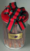 Pretzels for a Crowd - Our large red clear pretzel canister is filled with thirty of our individually wrapped caramel chocolate pretzel rods.    Wrapped in a gift bag with a large bow.  This is a perfect gift for a large office or medical staff.