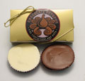 Peanut Butter Cup | 2 Piece Box - Two large peanut butter cups are covered with milk, dark, or white chocolate and packed in a gift box with gold cord.  Our finest peanut butter and the best peanut butter cup you will ever taste.
