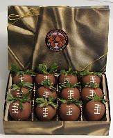 Football Chocolate Strawberries | 12 Piece Box - Twelve large whole strawberries are dipped in pure milk chocolate and decorated to look like a football.  The exquisite taste of fresh strawberries combined with the striking appearance of a football berry make this a great gift.  The twelve berries are packed in our signature box.  Out of Ohio, this must be shipped by next day air.